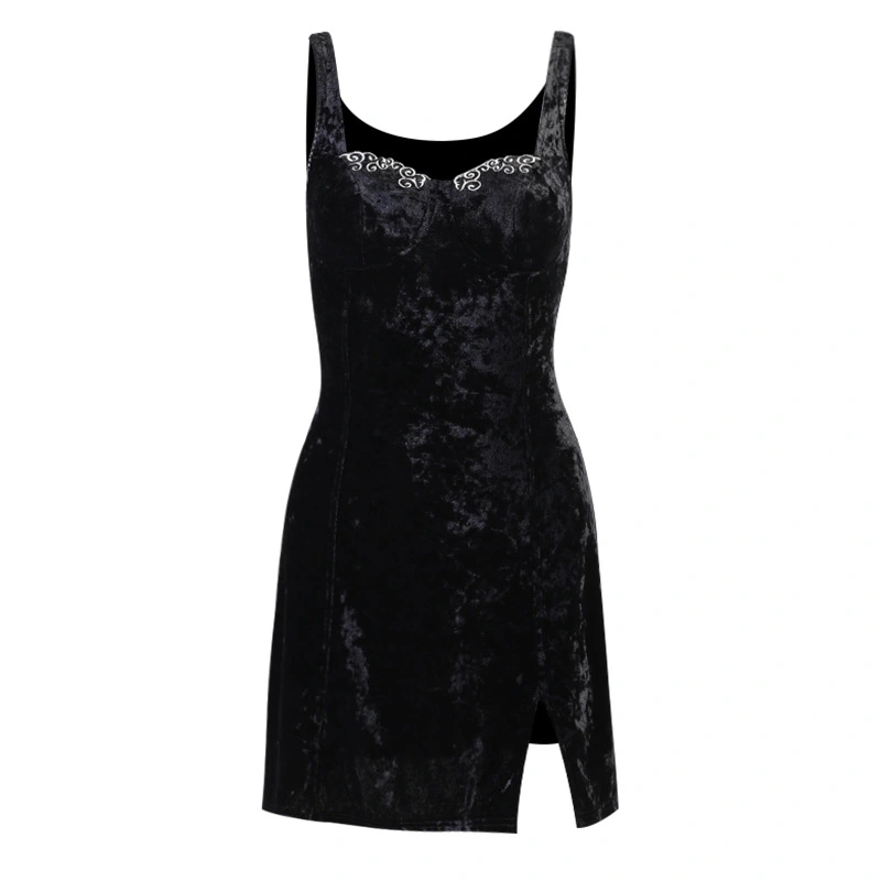 Korean Velvet Embroidered Bouquet Waist Small Split Vest Dress