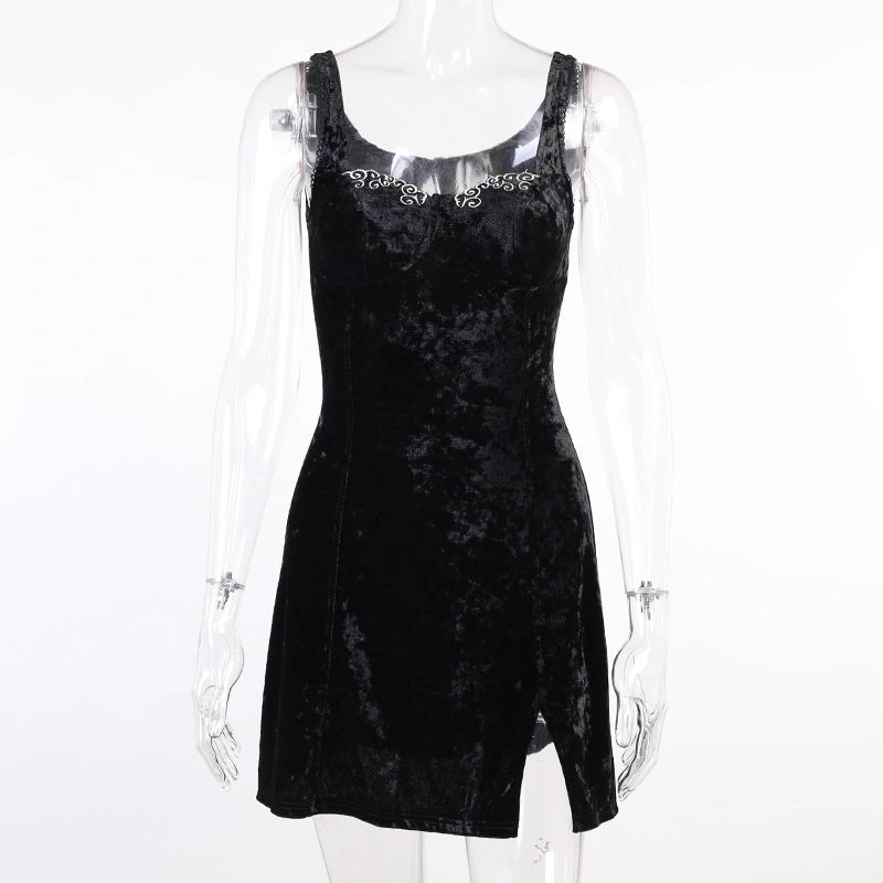 Korean Velvet Embroidered Bouquet Waist Small Split Vest Dress