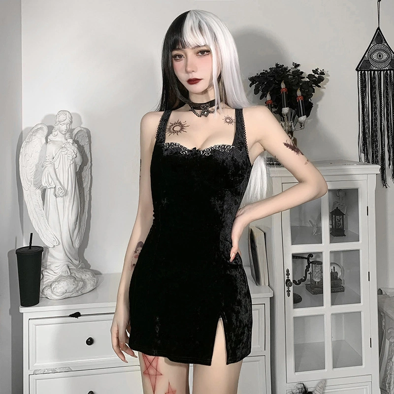 Korean Velvet Embroidered Bouquet Waist Small Split Vest Dress