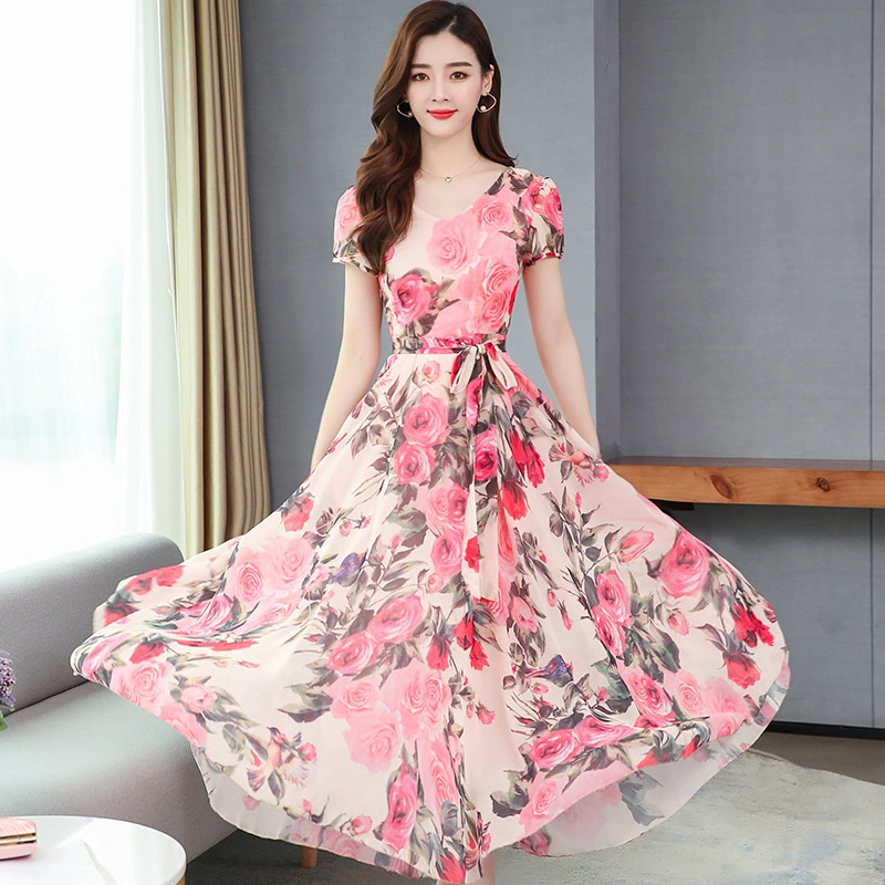 Mother Chiffon Dress Female Summer New Style Temperament Lady Waist Slim And Big Swing Dress