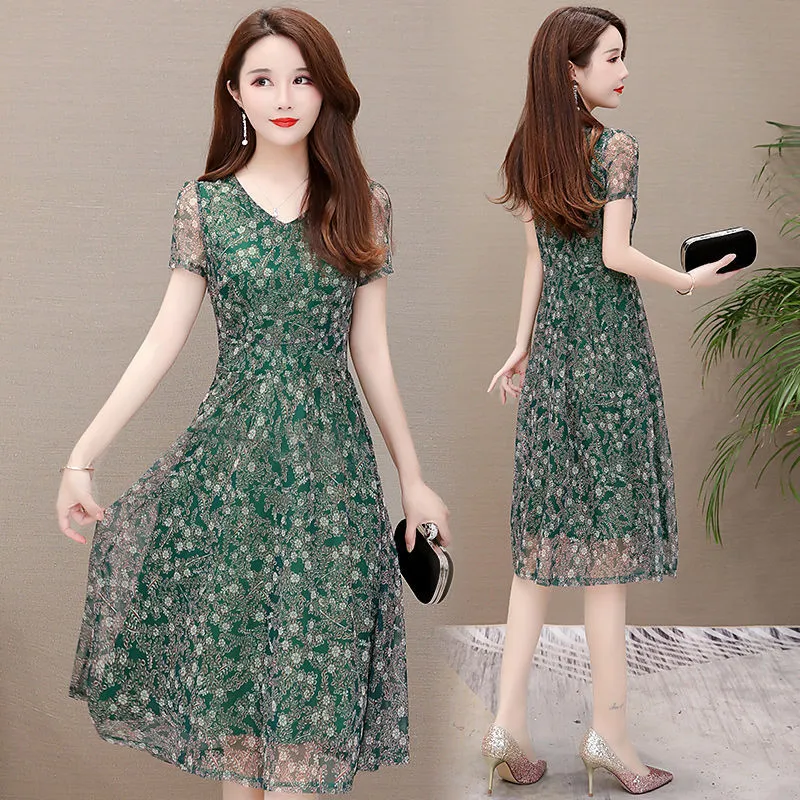 Mid-Length Temperament V-Neck Mesh Floral Dress Women