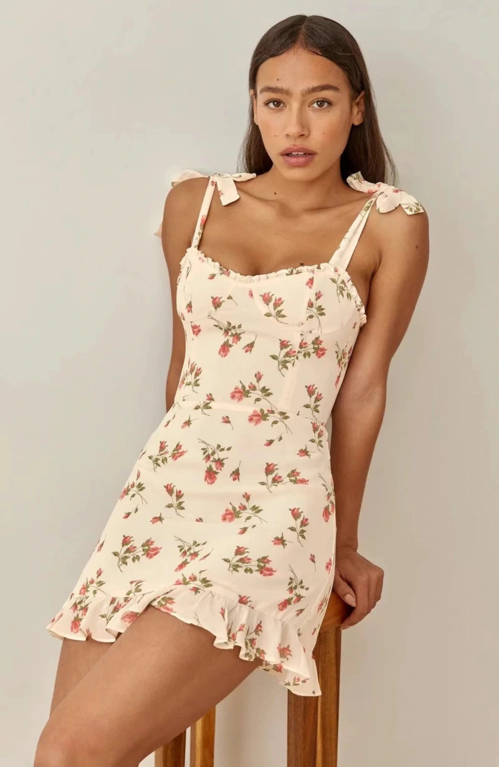 Foreign Trade New Style European And American Fashion French Pastoral Style Floral Self-Cultivation Wood Ear Lace-Up Dress