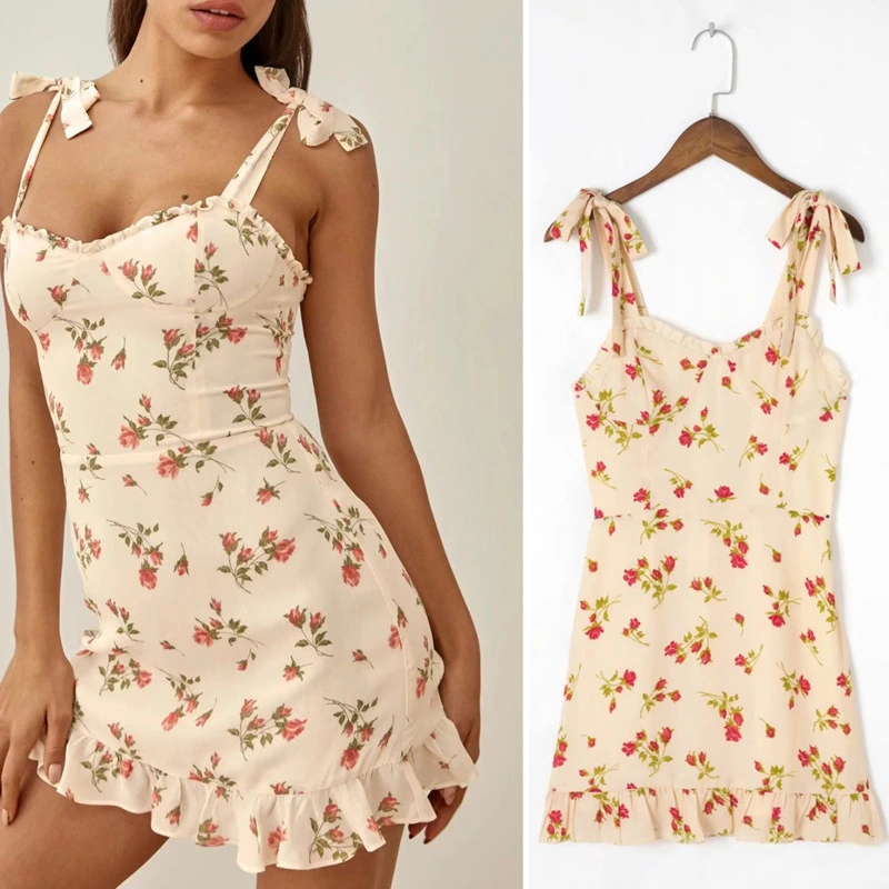 Foreign Trade New Style European And American Fashion French Pastoral Style Floral Self-Cultivation Wood Ear Lace-Up Dress