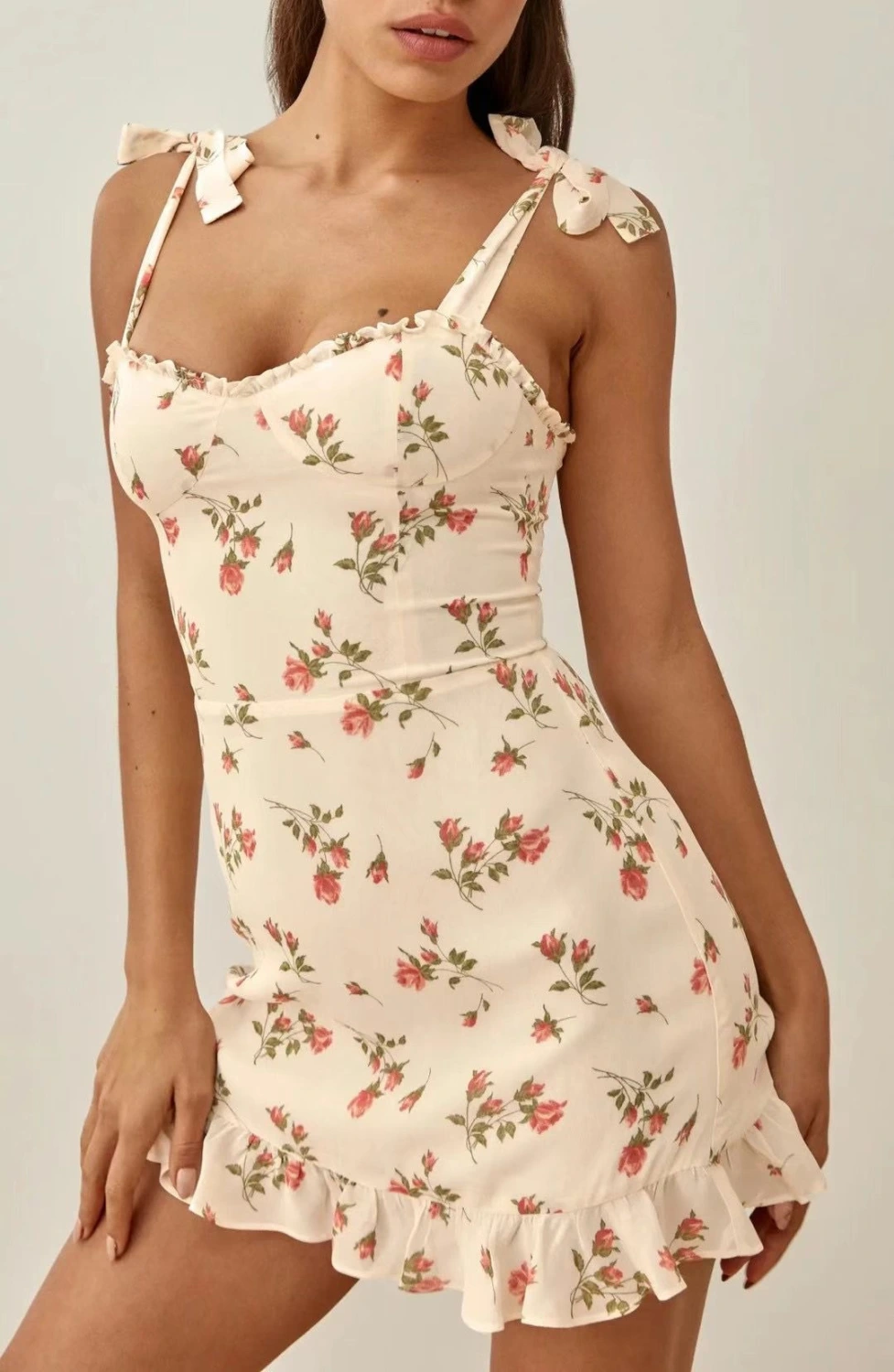 Foreign Trade New Style European And American Fashion French Pastoral Style Floral Self-Cultivation Wood Ear Lace-Up Dress