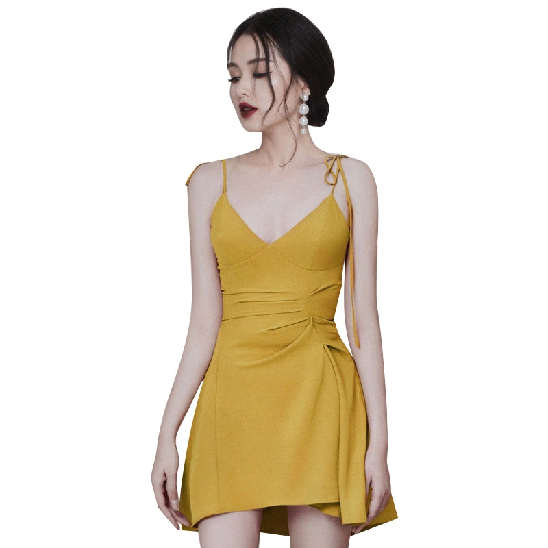  Summer New Style Temperament Sexy Suspender Lace Up Skirt V-neck Yellow Slim Dress 