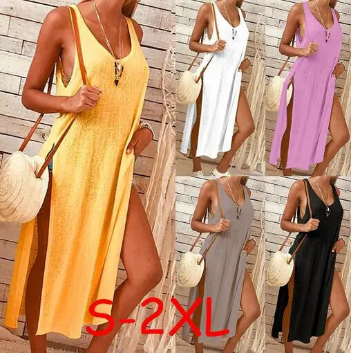 Round Neck Sleeveless Solid Color Five-color Dress With Slit Hem