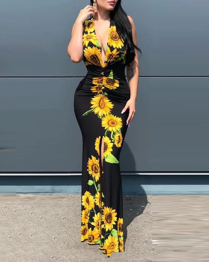 European And American New Women'S Dress Black Sunflower Print Dress