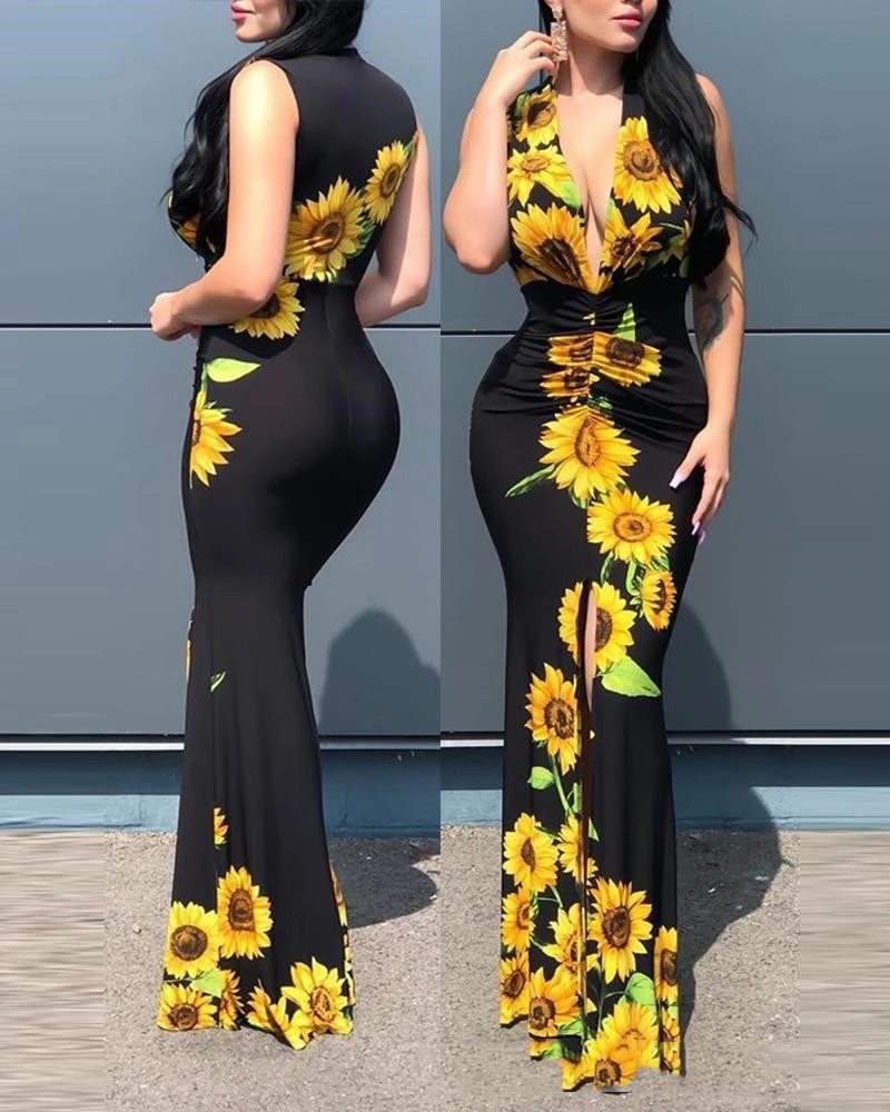 European And American New Women'S Dress Black Sunflower Print Dress