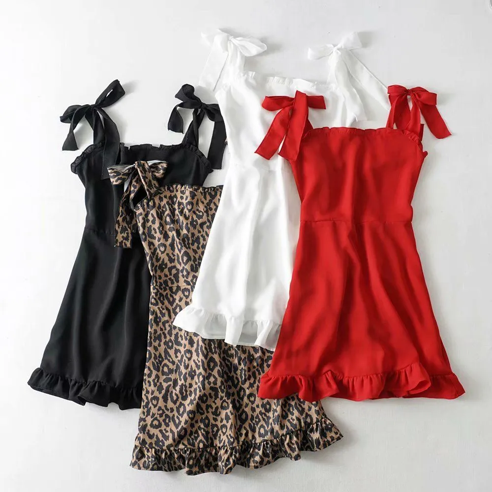 Summer Dress Women Vintage Strap Ties Sweetheart Neckline Black Red Mini Dress Elegant Ruffle Party Dress Casual Vestidos