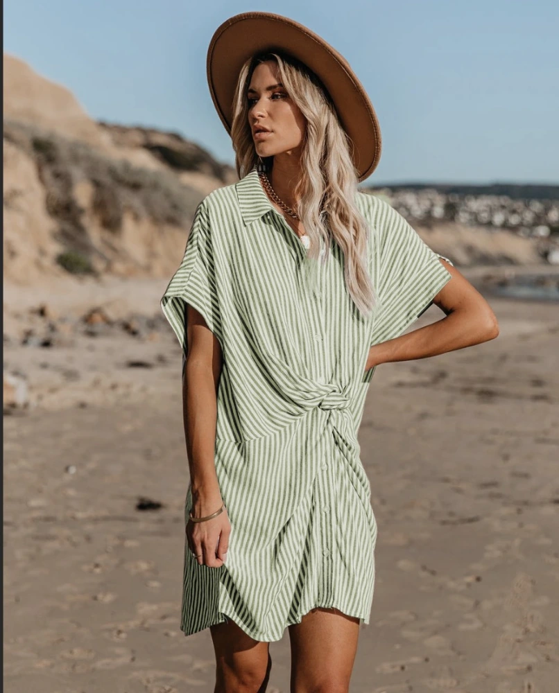 Slim-Fit Tie Striped Dress Women's Clothing