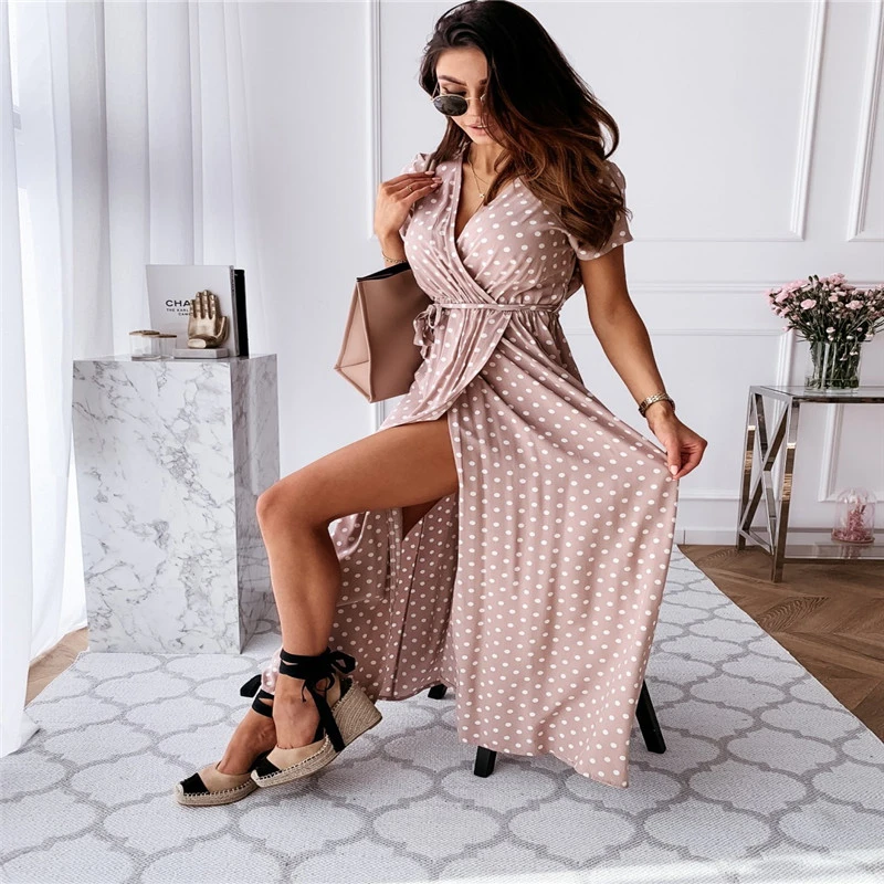 V-neck Bohemian Polka Dot Print Dress Long Skirt
