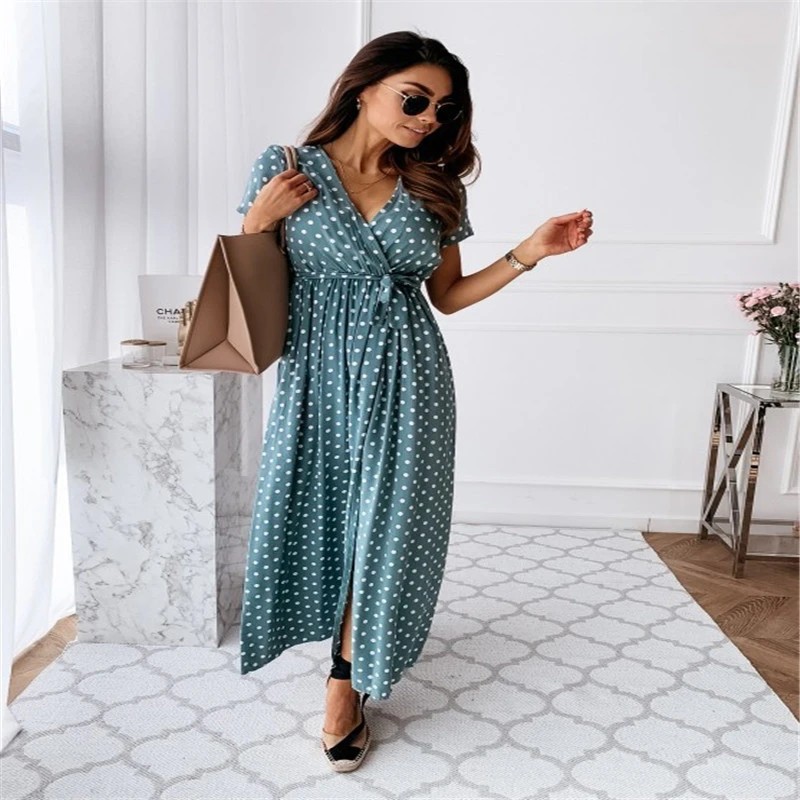 V-neck Bohemian Polka Dot Print Dress Long Skirt