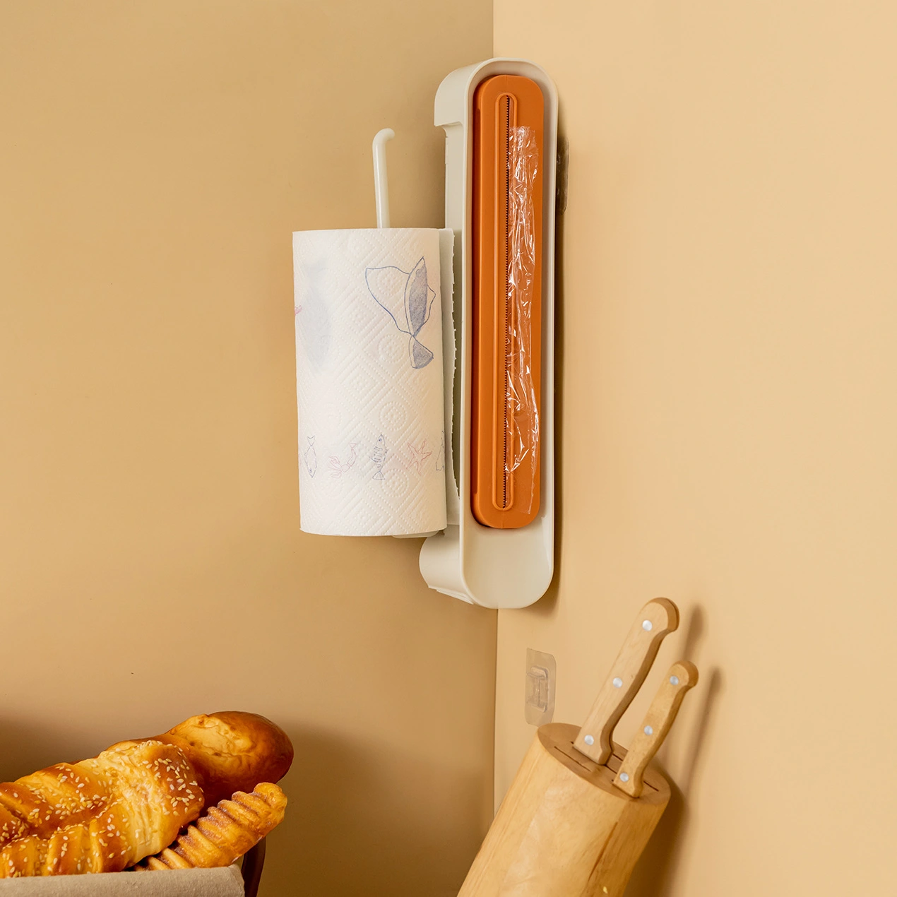 3 In1 Food Keeper Wrap Dispenser Storage Hang Holder Multifunctional Cling Film Cutter Slide Home Kitchen Gadgets