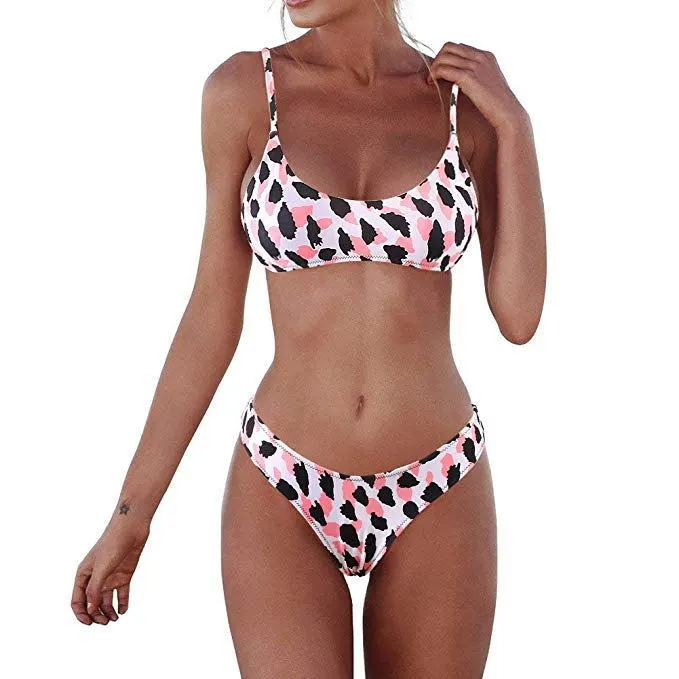 Leopard Print Digital Printed Sling Strap Beauty Back Swimsuit Set Three Point Bikini