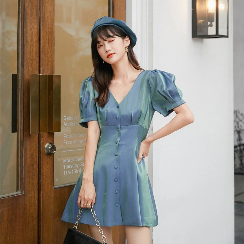 V-Neck, Puff Sleeves, Waist, Thin French Dress