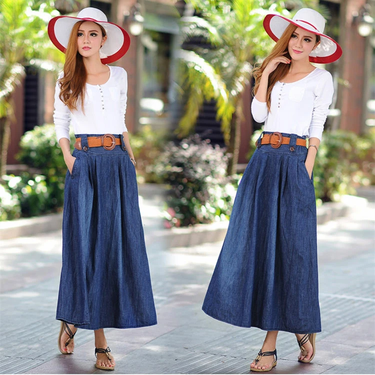 The National Style Retro Medium Long Pleated Denim Skirt