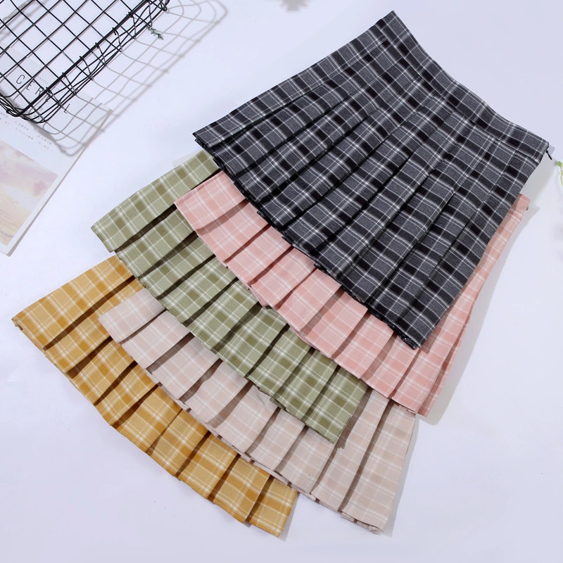 Stitching Checkered Pleated College Anti-glare A-line Skirt