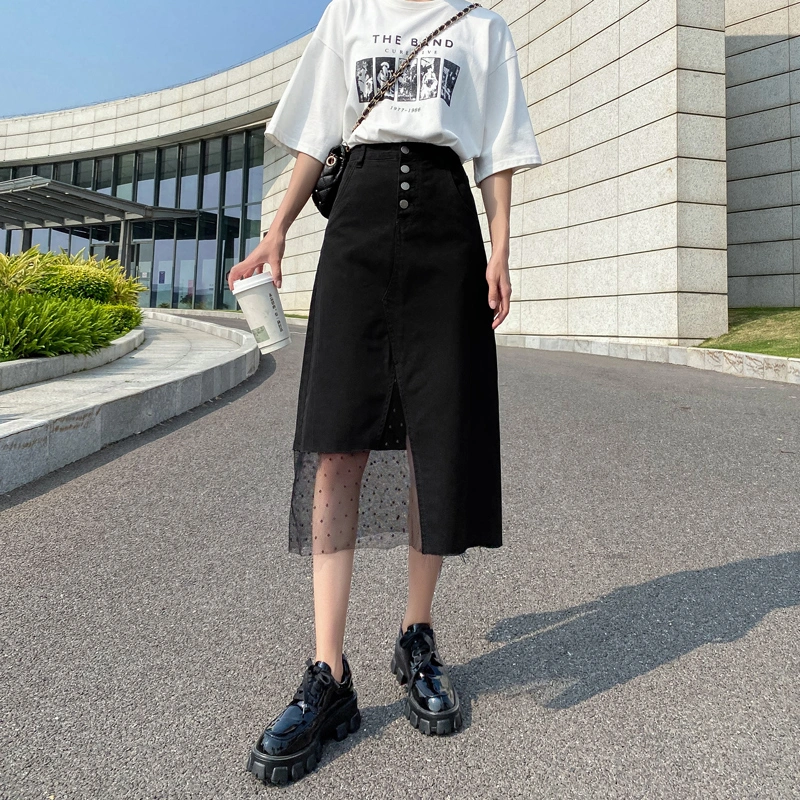 Black Split Denim Skirt Female Summer New High Waist Mid-length Irregular Bag Hip A-line Mesh Skirt