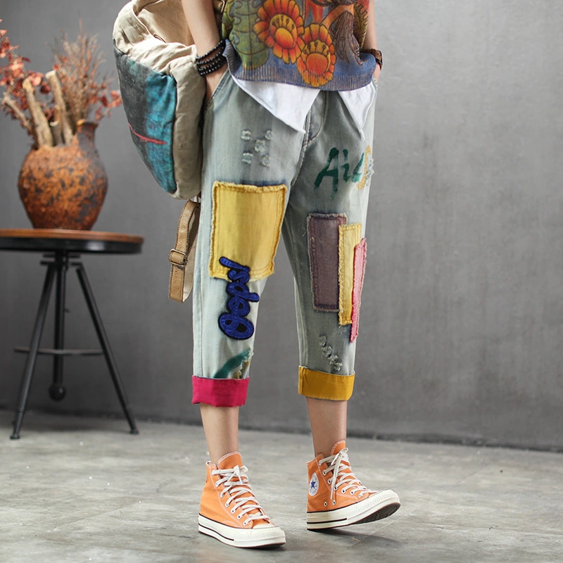 Summer Thin Light-colored Denim Cropped Trousers Patch