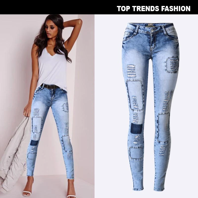 Summer Style Low Waist Sky Blue Patchwork Skinny Tights Women Pencil Jeans High Stretch Sexy Push Up Denim Women Fashion Jeans