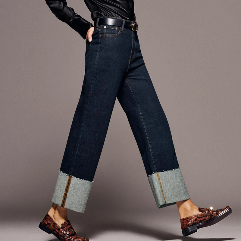 Casual High-rise Rolled-up Wide-leg Jeans