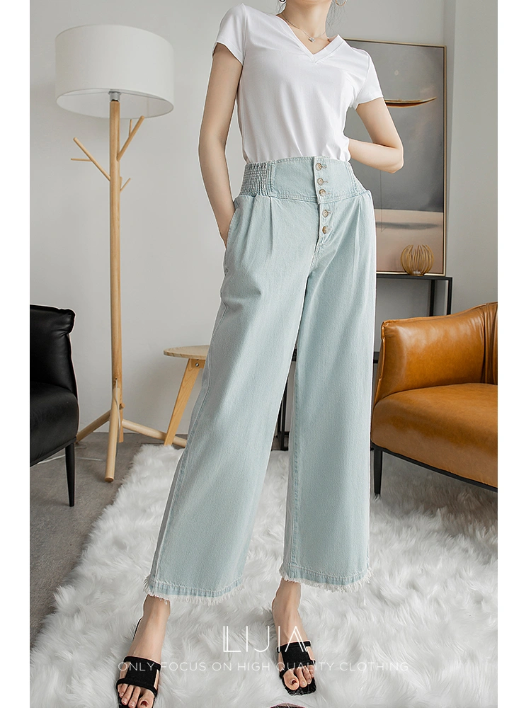 Light Blue High-Rise Multi-Button Wide-Leg Jeans