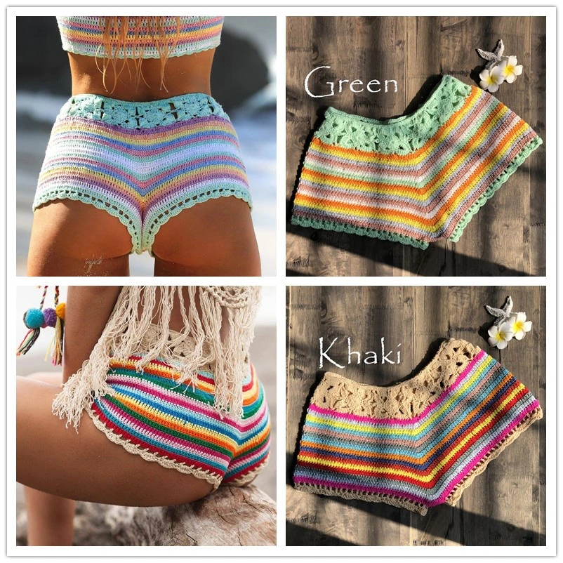 European And American Women'S Color Striped Crochet Bikini Shorts