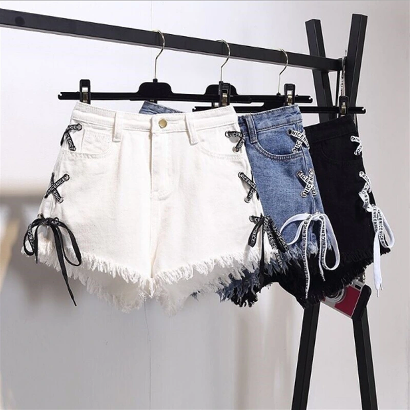 Vintage Snowflake Inelastic Women Denim Shorts With high Waist Straps Tassel Female Summer Shorts For Women's jeans