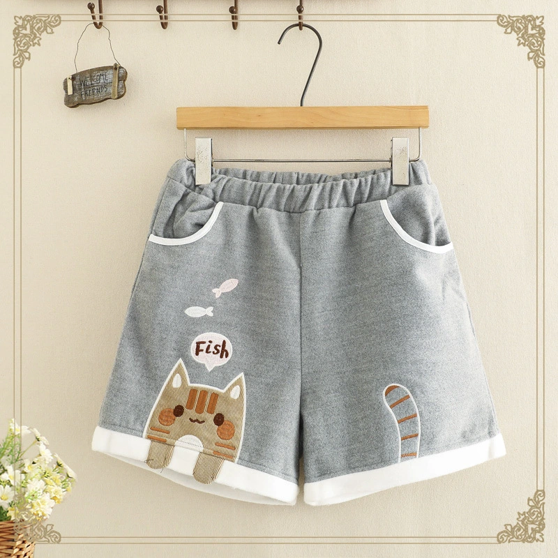 Boots And Trousers Cat Eat Fish Embroidered Lamb Cashmere Autumn And Winter Woolen Shorts