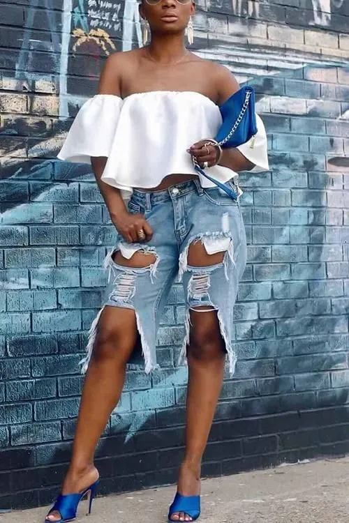 Ripped Denim Shorts Loose Straight Denim Five-quarter Pants