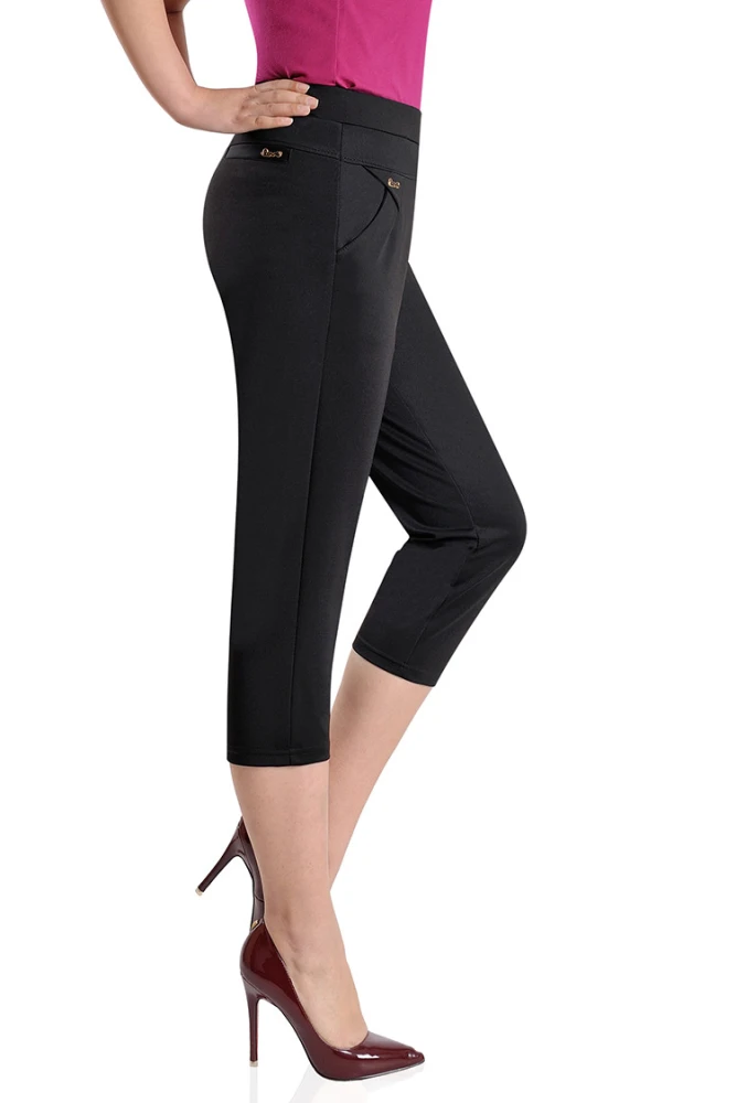 Thin Ladies Cropped Trousers Elastic Waist High Waist