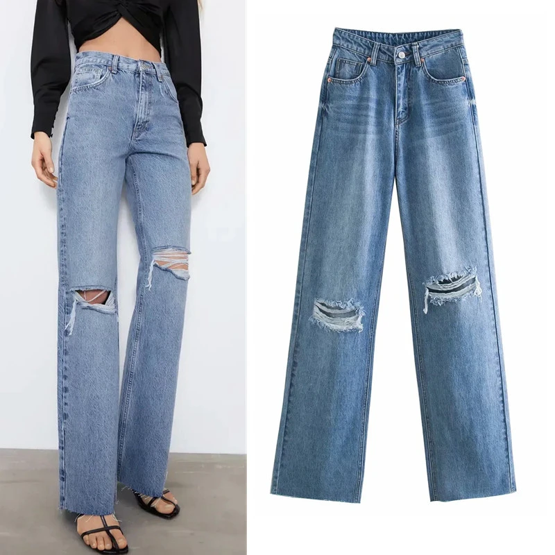 Wide-Leg Jeans With Ripped Raw Edges, Women'S Thin