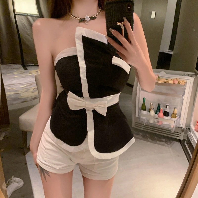 Women''S Summer Short Black Top With Bow Wrap Around Chest