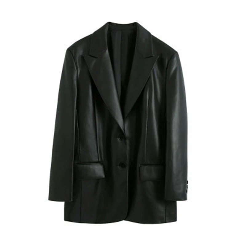 Long Sleeve Loose Contour Two Button Long Sleeve Leather Blazer