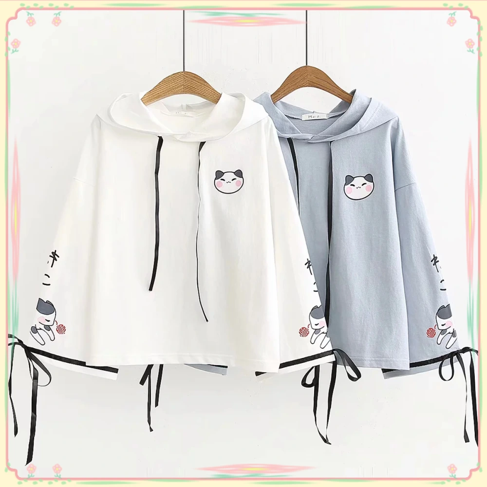 Sweet And Cute Childlike Cat Print Lace Cotton Loose Casual Sweater