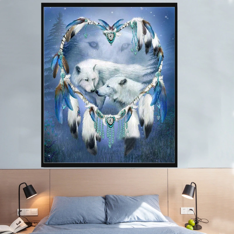 Full Of Diamond Painting Stickers Diamond Embroidered White Wolf Love Dreamcatcher