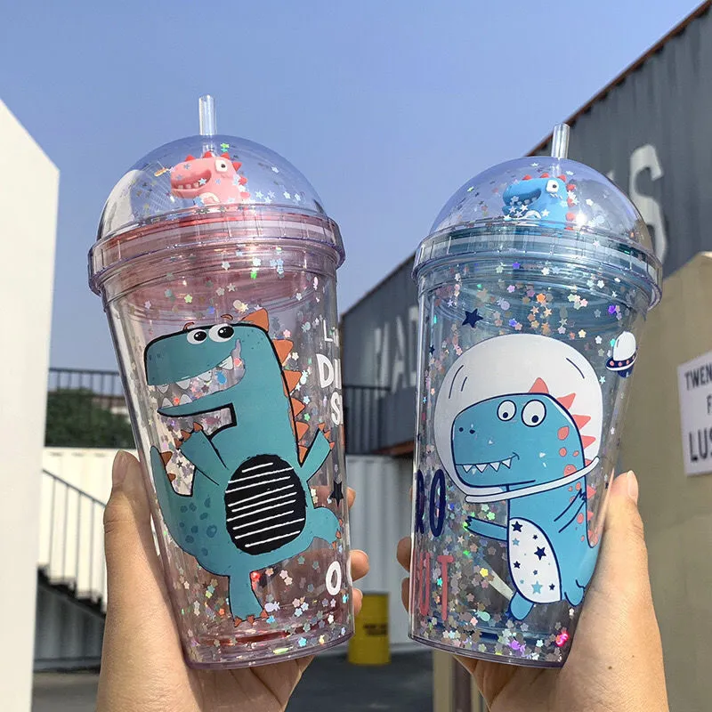 High-Value Dinosaur Doll With Straw Water Cup For Female Students Korean Version Of Anti-Fall Plastic Creative Handy Cup