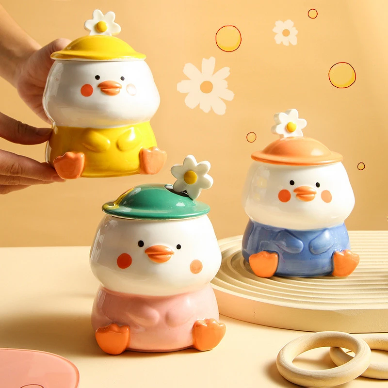 Hand Drawn Cartoon Duck Ceramic Cup With Lid Spoon Cute Design Sense Cup