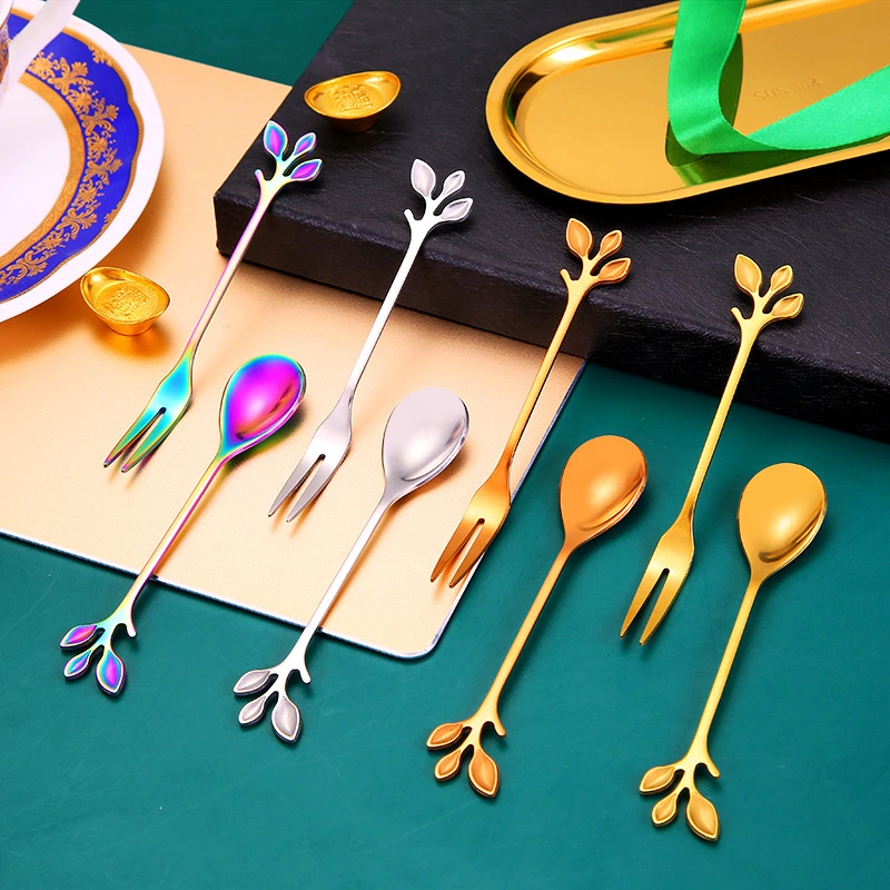 Stainless Steel Leaf Spoon Fork Thickened Two-Tooth Fruit Fork Golden Dessert Coffee Stirring Spoon