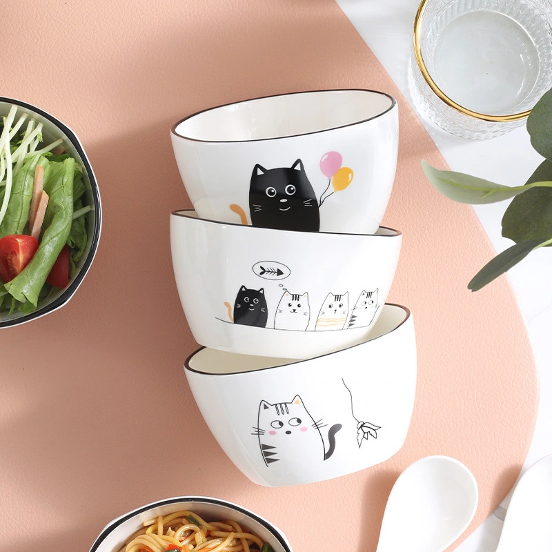 DakeCat 4.5 Inch Cat Ceramic Tableware Square Bowl Dish Set Rice Eating Bowl Restaurant