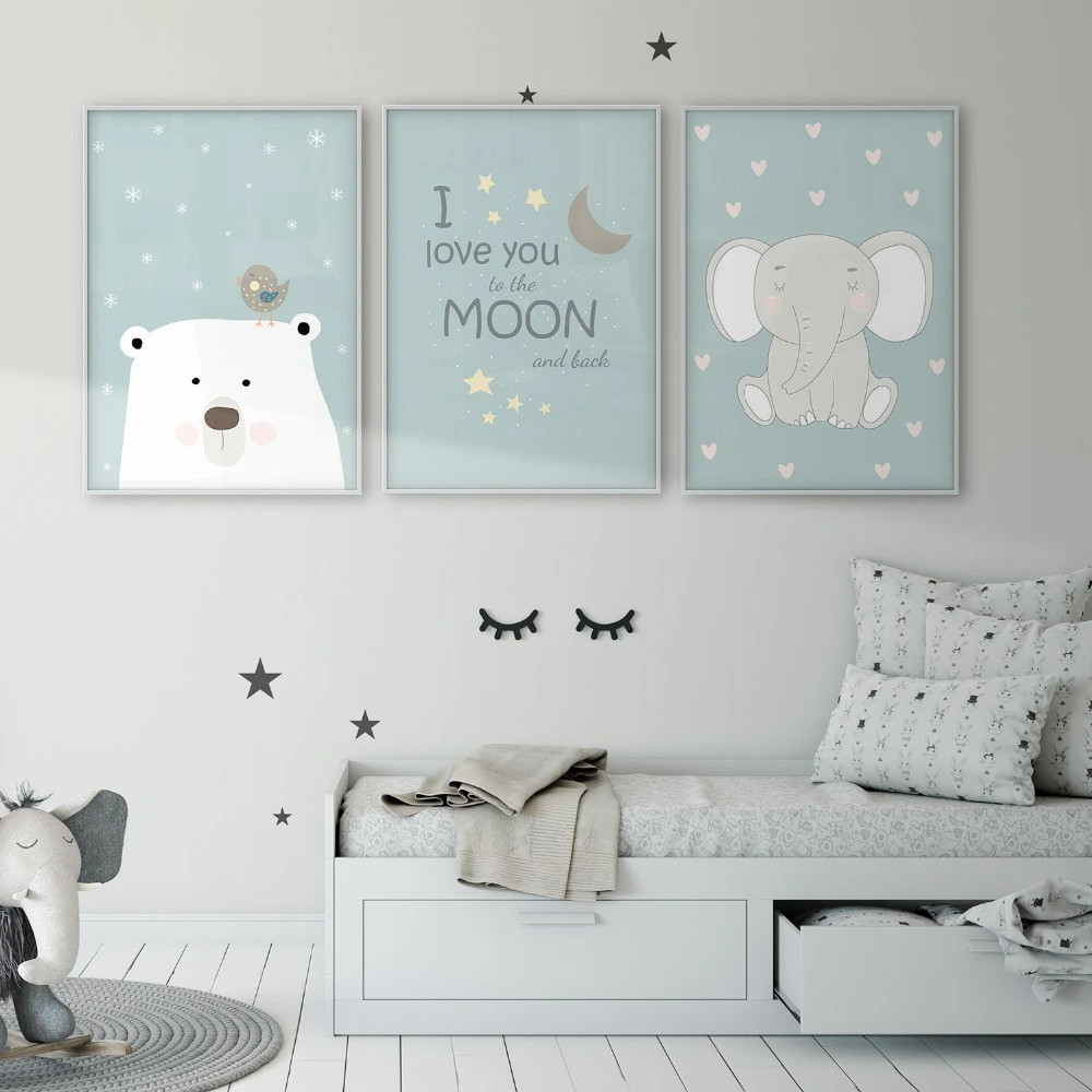 Cartoon Polar Bear Bird Elephant I Love You Moon Back Wall Art Poster