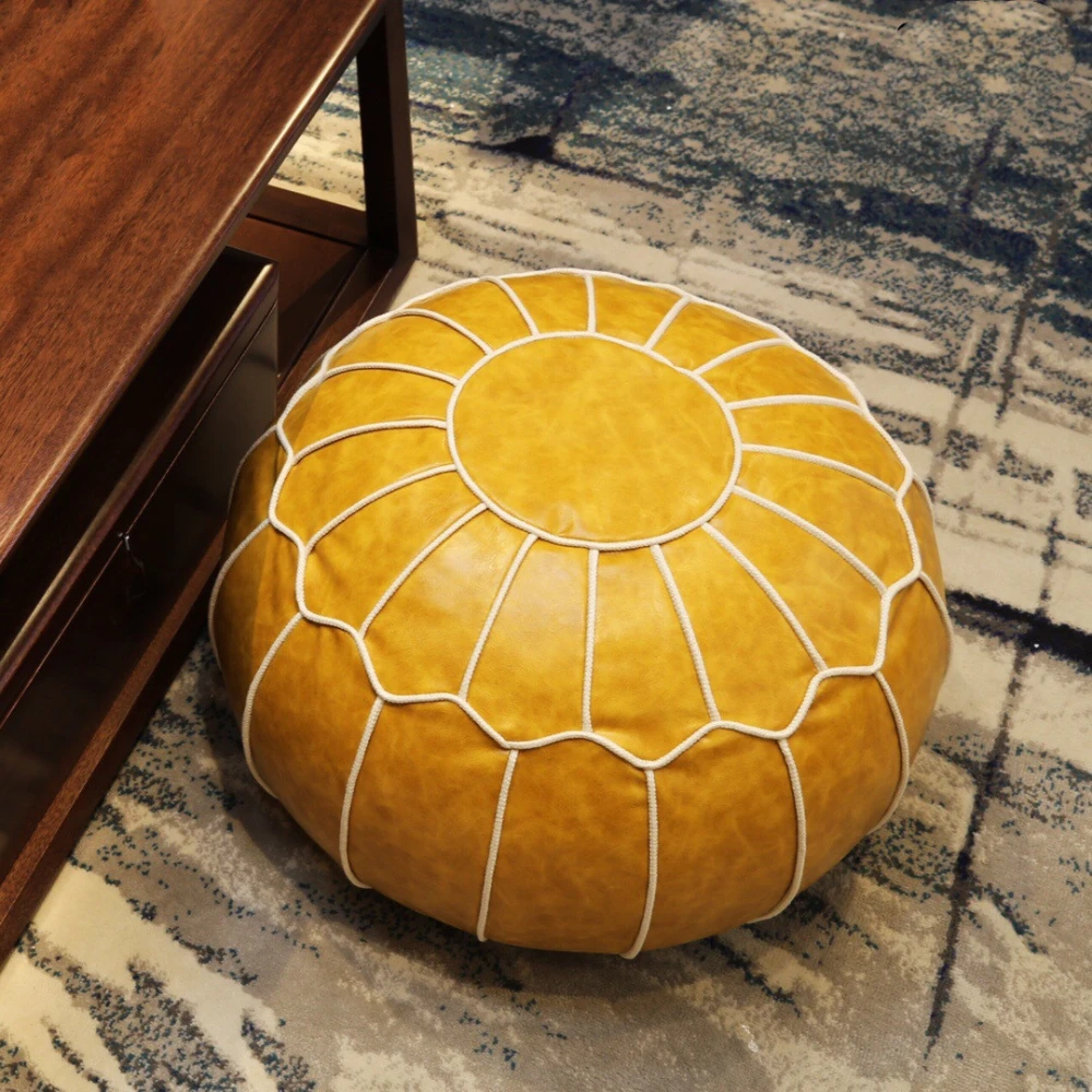 Leather Embroider Footstool Round Artificial Leather Unstuffed Cushion