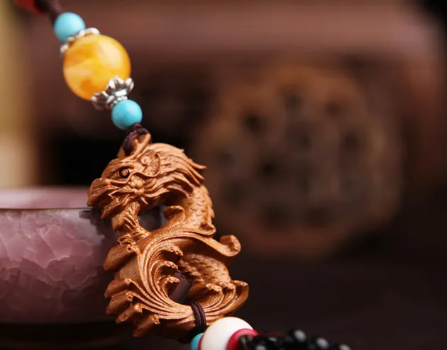Peach Wood Eight-Character Dragon Car Three-Dimensional Carving Bag Trailer Hanging Dual-Purpose Ornaments
