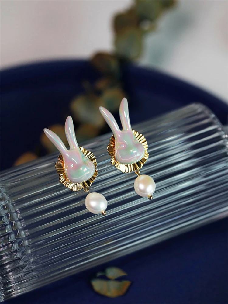 Soft Cute Rabbit Ceramic Freshwater Pearl Earrings