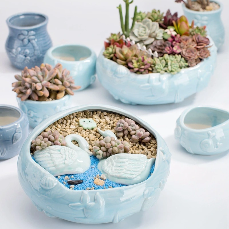 Medium Size Caliber Nordic Style Blue Household Cute Succulent Flower Pot Ceramics