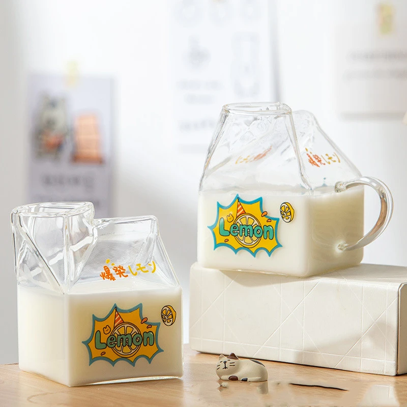 Lemon Japanese Square Milk Carton Cup High Borosilicate Glass Cup Creative Milk Cup Breakfast Cup Microwave