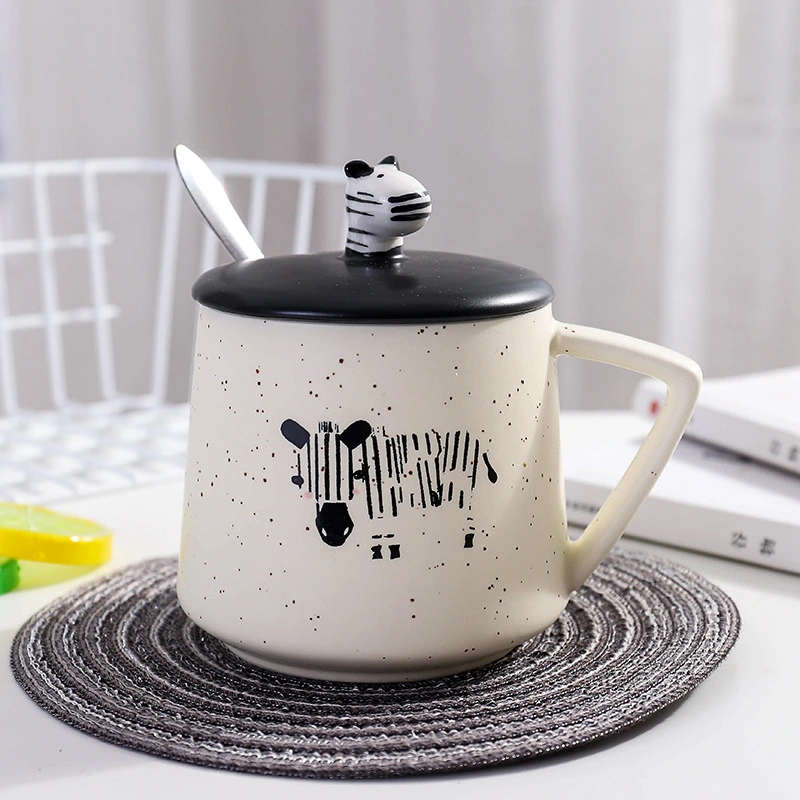 Three-Dimensional Hand-Painted Zebra Ceramic Mug With Lid And Spoon Creative Starry Mug Student Mug