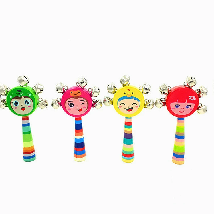 Wooden Cartoon Smiling Face Rattle Wooden Baby Rattle Bed Bell Early Education Bell