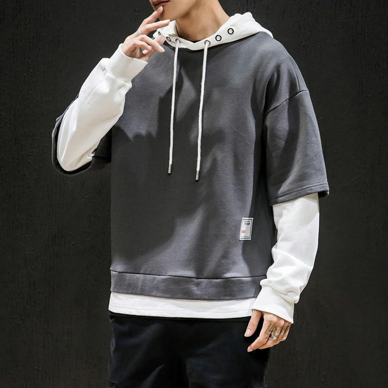 Japanese trendy brand stitching hooded sweater plus size loose long-sleeved fake two-piece top