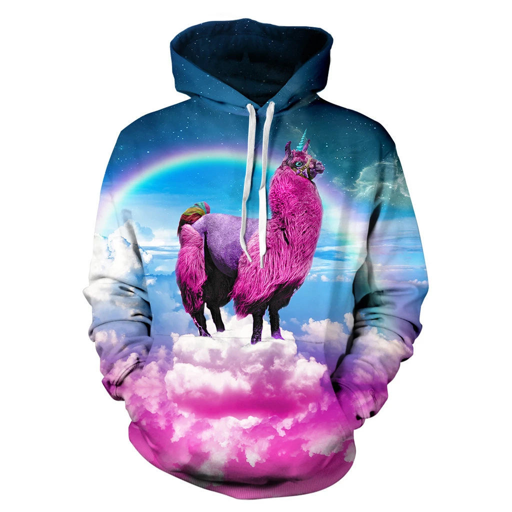 3D Animal Print On The Cloud Hooded Pocket Pullover Sweater Men's Hood